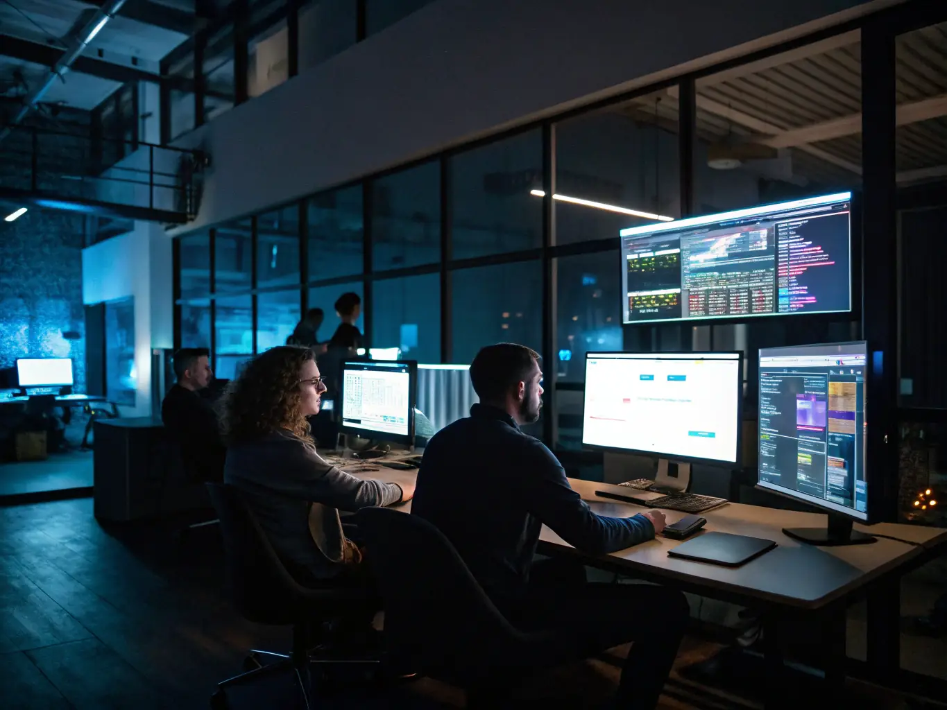 A professional workspace showing a team collaborating on AI optimization strategies, with data visualizations and AI models displayed on large screens, emphasizing a data-driven approach.